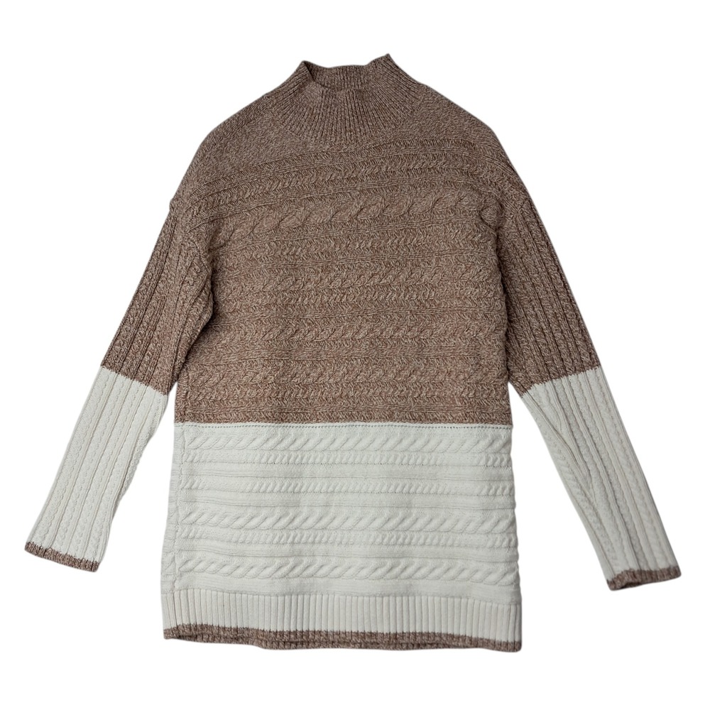 Talbots Sweater Womens Medium P Tan Ivory Marl Block Cable Knit Mockneck Neutral